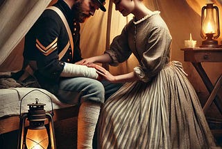 A woman clothed in Civil War garb kneeling in front of a wounded soldier