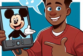 A man holding a tablet with a talking photo of Mickey Mouse.
