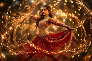 A dancer swirls gracefully enveloped by a cascade of golden lights.