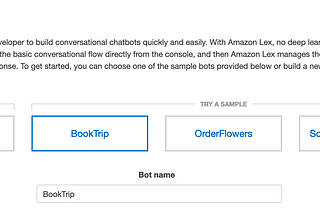 Screenshot from Amazon Lex console to setup BookTrip bot