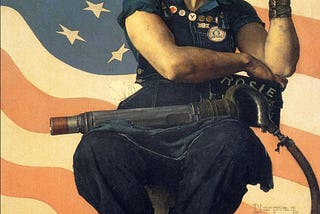 Norman Rockwell painting of “Rosie the Riveter,” a woman with safety goggles on her head, sitting down with a rivet gun across her lap, holding a sandwich, her arm leaning on a lunchbox, wearing boots with Hitler’s Mein Kampf book under her boot, and an American flag in the background
