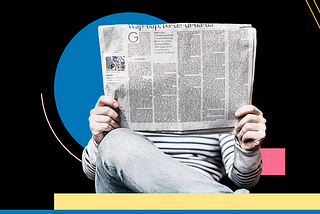 A person holds a newspaper up to read it, against a black background with bright shapes.