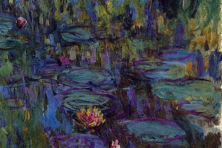 Claude Monet’s 1917 oil painting Water Lilies, depicting an abstracted pond surface filled with overlapping green lily pads and a few pink and yellow blossoms, rendered in thick, swirling strokes of blue, green, and purple that blur water, reflections, and plants into a single shimmering field.