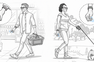 One person shopping and one person walking a dog, making gestures with their available hand to interact with their smart glasses.