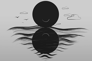 Illustration of two circles, one above water with an upturned smile, the other a reflection in waves with a down-turned smile