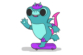 A drawing of Sparky the boldstart mascot riding a skateboard.