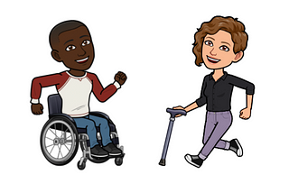 two avatars, one is a black masc-presenting person in a wheelchair. the other is a white femme presenting person with a cane