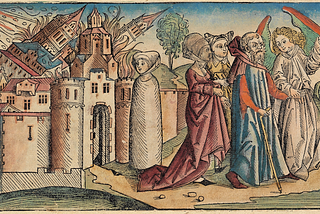 Lot and two of his daughters are fleeing from Sodom. Lot’s wife stands behind. By Michel Wolgemut, Wilhelm Pleydenwurff (Text: Hartmann Schedel) — Self-scanned, Public Domain, https://commons.wikimedia.org/w/index.php?curid=1045620