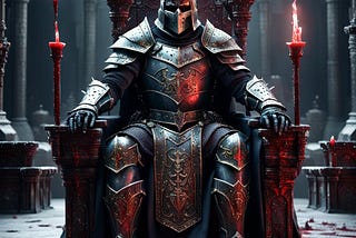 A king Knight sitting in his throne with blood pooling around