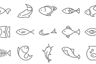 Line graphic of many fish of different types i.e. many fish in the sea.