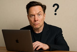 Image of Elon Musk sitting at laptop and looking confused.