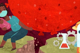 Illustration showing a masked parent holding a small newborn child in one arm, and with the other arm, holding up a large red-coloured COVID-19 particle, while standing on a cliff. The cliff is separated from a second cliff by a growing gap/crevice, rocks are breaking off. On the second cliff, there are depictions of science: a beaker, a rocket, three gears and a planet.
