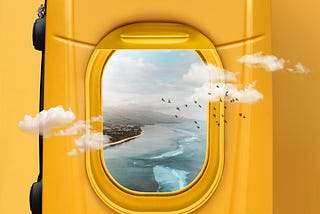 A yellow color suitcase in the form of airplane window showing endless sea and clouds