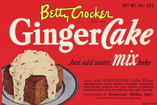Vintage Betty Crocker Ginger Cake Mix box featuring an image of a cake slice with white icing. The box highlights “Just add water, mix, bake” and lists main ingredients along with the manufacturer, General Mills, Inc.