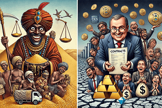 A split image showing a medieval African merchant trading gold and salt on one side, while on the other, a modern CEO holds contracts for oil and rare earth metals. Both are surrounded by desperate workers and consumers, eyeing the resources they can’t access. The merchant and CEO smile smugly amidst their wealth, with cracked earth and poverty in the background.