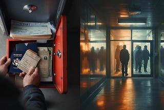 A split image. On the left, hands put a passport and other identity documents in a fire safe. On the right, a concrete and glass hallway illuminated by orange and blue light showing a crowd of people behind locked glass doors.