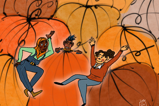 A collage of pumpkins with three people dancing around them.