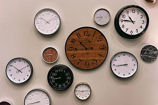 Several clocks on a wall