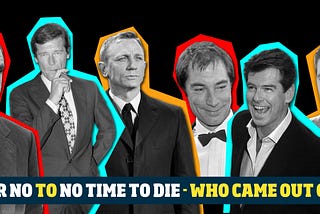 A montage of the actors who have played James Bond, Sean Connery, Roger Moore, Daniel Craig, Timothy Dalton, Pierce Brosnan and George Lazenby