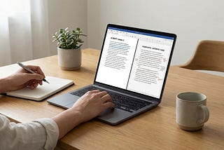 Writer reviewing an article draft with AI suggestions on a laptop, making final edits by hand to keep an authentic voice