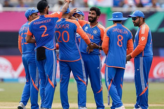 India’s Jasprit Bumrah, third from right, is congratulated by teammates after taking the wicket of Ireland’s Harry Tector during an ICC Men’s T20 World Cup cricket match at the Nassau County International Cricket Stadium in Westbury, New York, Wednesday, June 5, 2024.
