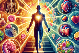 This illustration symbolizes the holistic benefits of daily collagen supplement intake, depicting a central figure’s evolution from a state of lesser vitality to radiant health. Around the figure, key benefits are creatively visualized: skin glowing with youthfulness, joints and muscles depicted in robust health, a heart surrounded by vitality, bones exuding strength, and a digestive system wrapped in soothing motifs. The color palette transitions from soft, subdued tones to vibrant, rich hues,