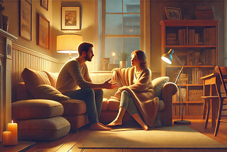 A couple sits together in a cozy living room, engaged in a warm and heartfelt conversation. The setting features soft lighting from a nearby lamp, comfortable furniture, and personal touches like family photos and books on a shelf. Their expressions convey empathy and connection, emphasizing the theme of effective communication in marriage.