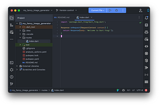 Picture of the IntelliJ IDE with the dart_frog starter project opened.