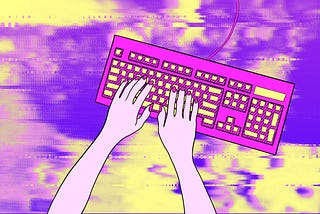 Digital illustration of hands with pink nails on fuschia and yellow keyboard.