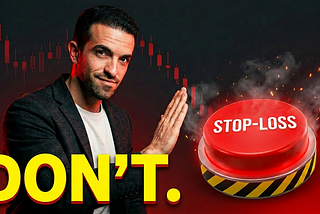 Henrique centieiro in a dark blazer holding up a “stop” gesture toward a giant glowing red “STOP-LOSS” emergency button, with a “DON’T.” caption.
