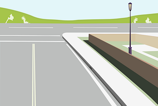 Minimalist illustration of a suburban street with a light grey asphalt road, a high sidewalk, a streetlamp, and green rolling hills under a light blue sky
