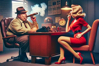 A blonde woman sits on front of a desk of a newspaper editing smoking a cigar