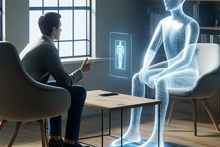 A man sits across a table from a holographic projection of a human figure. A holographic screen portraying a human figure floats just above the table between them.