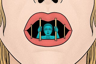 Image by CDD20 on pixabay of a caricature drawing of a women’s face whose open mouth is connected by prison bars; a prisoner is seen behind the bars.