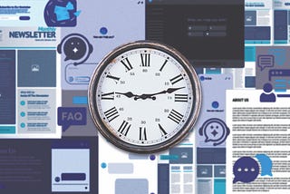 A clock face centered over a collage of things that annoy people online: long About content, newsletters, chatbots, and FAQs