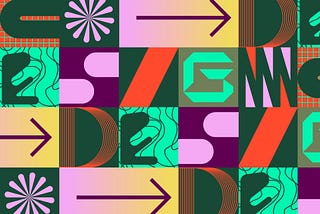 Very colourful tiled pattern, using abstract 60’s shapes to spell out co-design. Fluro teal, pink, yellow, deep green and red