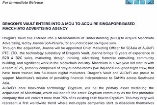 Dragon’s Vault Press Release: Dragon’s Vault Enters into MOU to Acquire Singapore-based Macchiato…