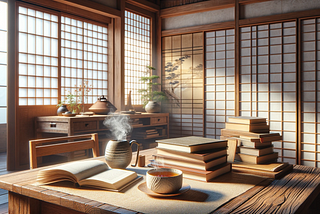 A bright and cozy reading environment, influenced by Japanese wabi-sabi aesthetics