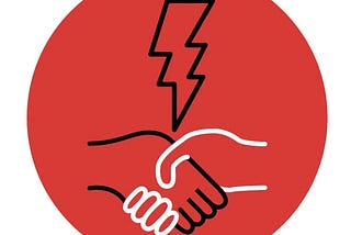 A round red graphic with two hands shaking hands. The hand on the left is drawn with a black line, and the hand on the right with a white line. Above the hands is a lightning bolt, drawn with a black line, pointing down to the middle of the handshake.