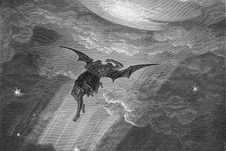 In the original piece by Gustav Doré, Lucifer is envisioned here falling from heaven. This version is vertically flipped so it showed Lucifer ascending from “heaven” as academics perceive “academia.” Lucifer/Satan is centered. He’s in the middle of transforming so he has a manlike body but his angelic wings are more pointed like that of a dragon.