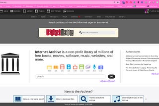 Displayed on the screen is the homepage of the Internet Archive with a focus on the Wayback Machine search bar. Below the search bar, an explanatory text mentions that Internet Archive is a non-profit library of books, movies, software, music, websites, and more, along with icons representing these media types.