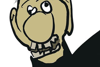 Cartoon Drawing of man who may be drunk or just unhealthy, in a black jumper