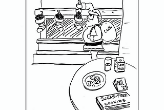 Cartoon of Santa in the background filling three hanging stockings with coal. In the foreground there is a glass of milk and plate of cookies with only one bite taken next to a carton of skim milk and a pack of sugar free cookies.