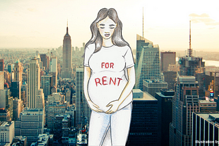Illustration of a pregnant woman wearing a shirt that says “For Rent” juxtaposed against the NYC skyline.