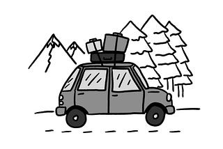 Illustration of a car with suitcases strapped on top, driving along a mountain road.