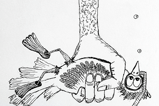 Hand-drawn image of a hand holding a bird underwater. The bird is wearing swim fins, goggles, and a snorkel. Drawing by author.