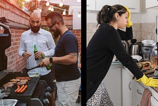Man grilling with his friend, while wife on opposite panel does all the cleaning and cooking of non-meat food.