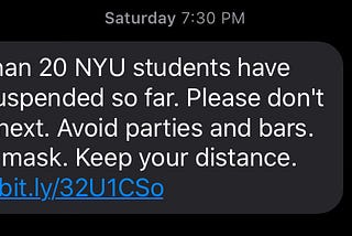 A screenshot of a text from NYU advising students to stay away from parties and bars, as well as follow social distancing.