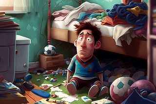 Messi sitting on a messy bedroom floor