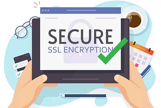 Hands holding a device whose screen reads “SECURE SSL ENCRYPTION.”